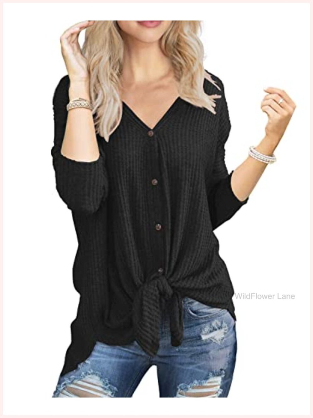 Waffle Knit Long Sleeve Henley Button Down Tunic Blouse Tie Front Loose